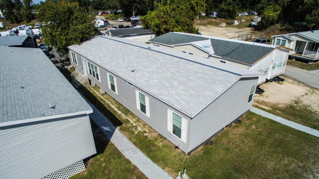 Exterior of a modern manufactured home under construction